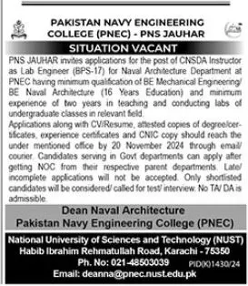 Pakistan Navy Engineering College Karachi Hiring 2024